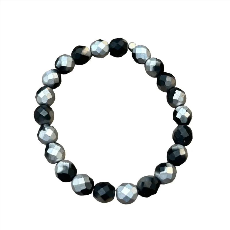 hammered sterling silver band Matte Metallic Black and Silver Faceted 8mm Bracelet