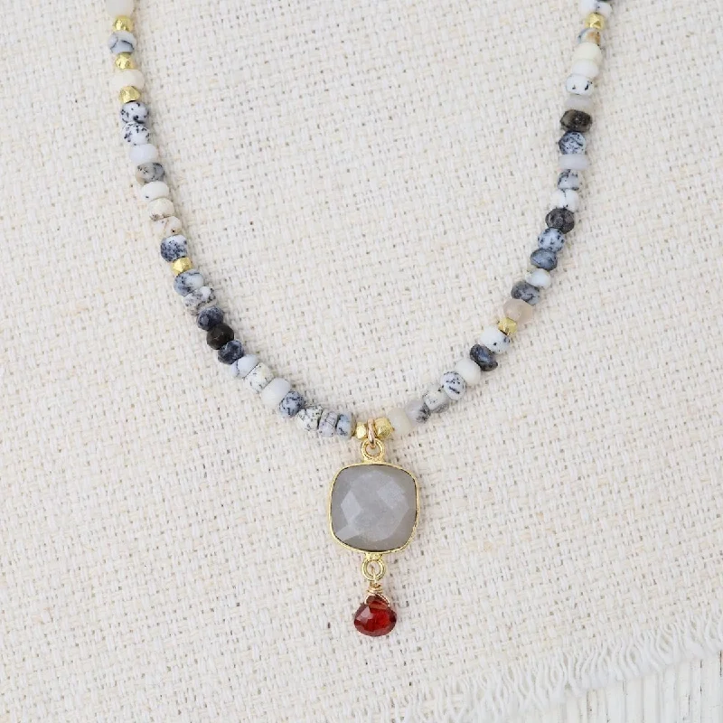 dainty birthstone ring for women Dendritic Opal with Bezel Set Square Gray Moonstone Necklace