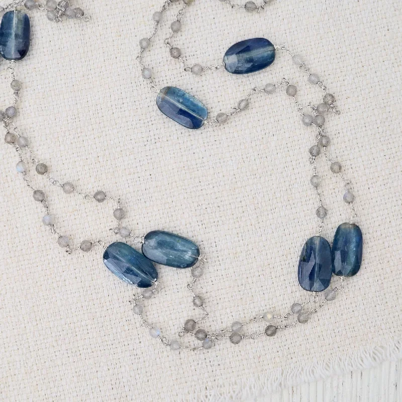 minimalist birthstone bangle Silver Blue Kyanite & Labradorite 42" Bead Chain Necklace