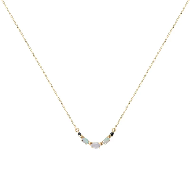 gold and turquoise statement ring 9k Yellow Gold Multi Gemstone Claw Set Necklace - Moonstone, Blue Opal & Black Diamond