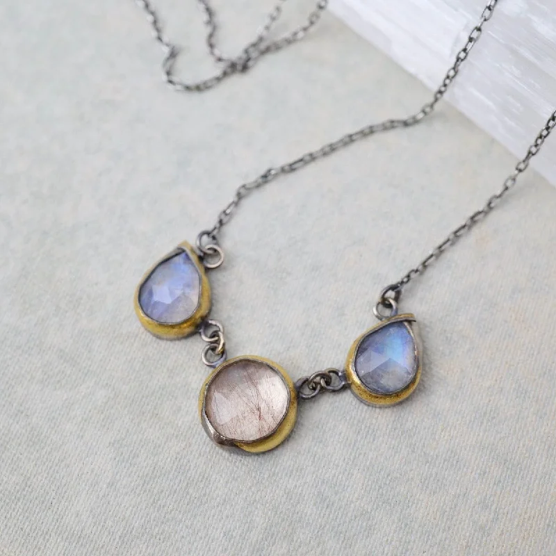 boho beaded statement necklace Rainbow Moonstone & Rutilated Quartz 3 Crescent Rim Necklace