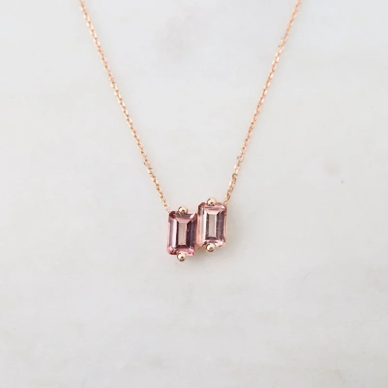 moonstone engagement ring boho 14k Rose Gold Double Morganite Emerald Cut Necklace