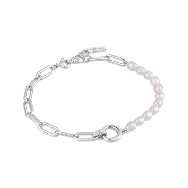 celestial sun and moon pendant Silver Pearl Half and Half Link Chain Bracelet