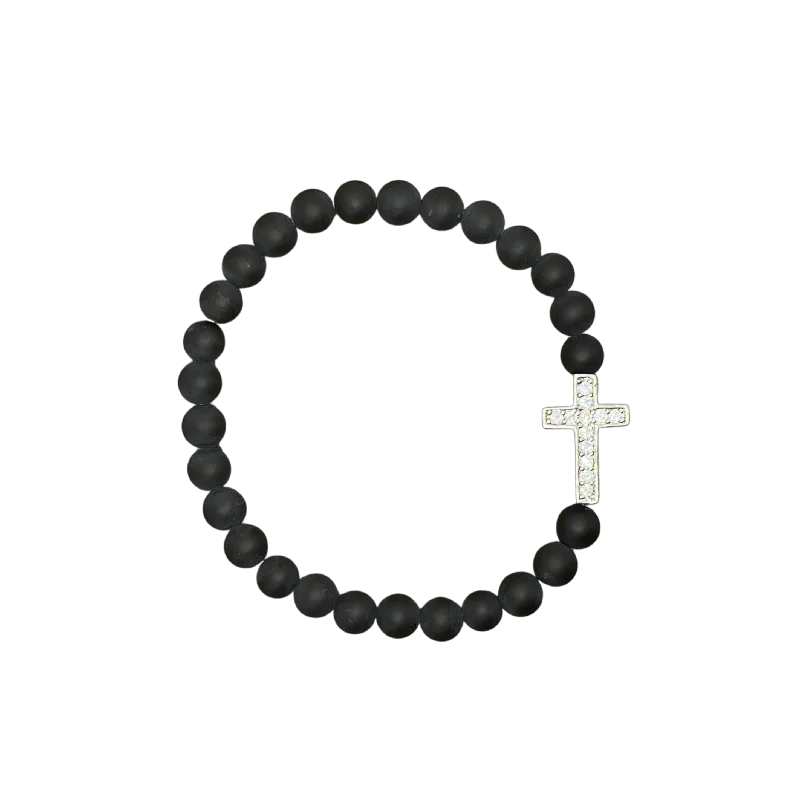 vintage diamond brooch Small Silver Pave Cross Matte Black 6mm Bracelet