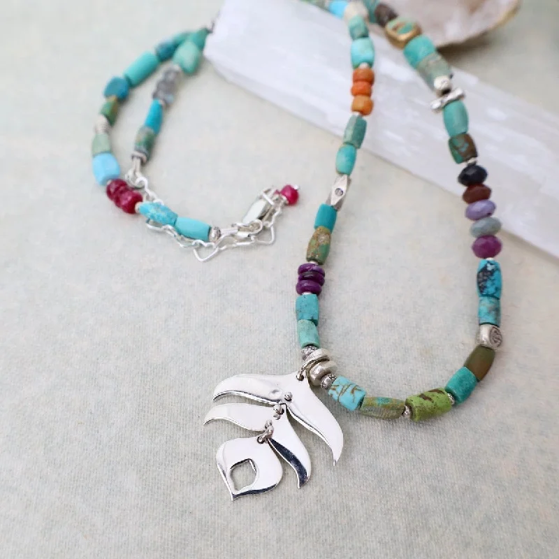 hexagon-shaped engagement ring unique Chunky Turquoise with Silver Peacock Feather Necklace