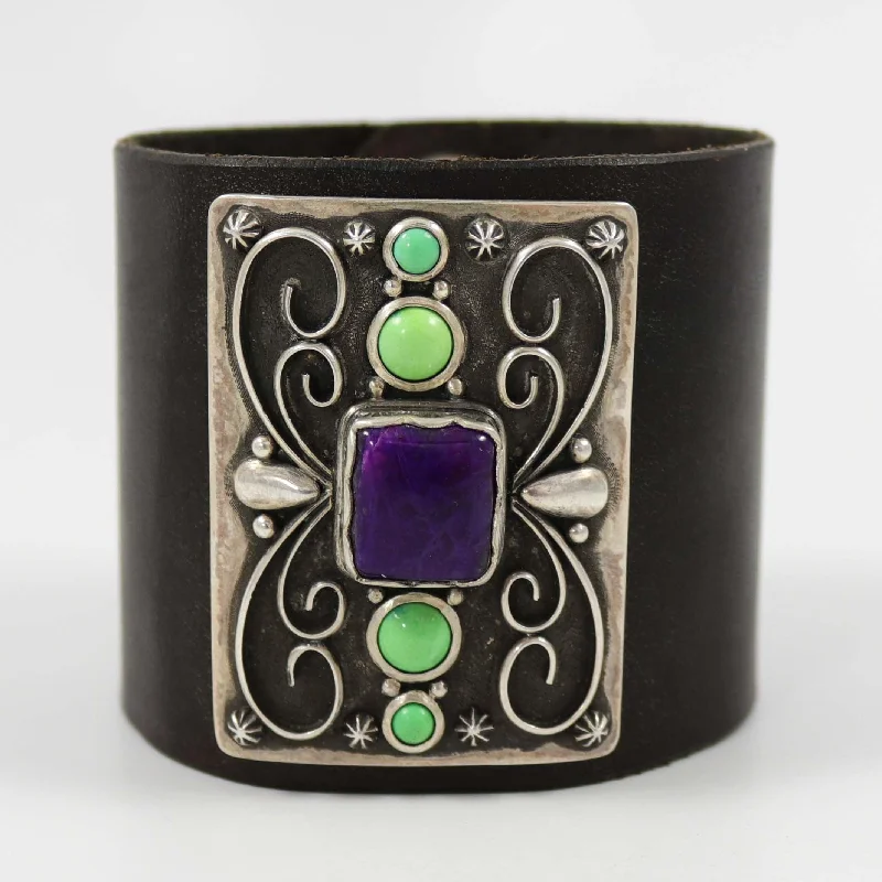 modern geometric silver ring Sugilite and Turquoise Leather Cuff