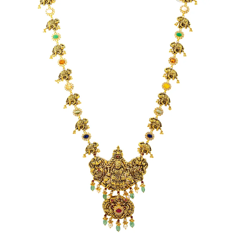 classic cubic zirconia pendant 22K Antique Gold Goddess Laxmi Necklace w. Gems & Pearls (83.2 grams) classic cubic zirconia pendant 22K Antique Gold Goddess Laxmi Necklace w. Gems & Pearls (83.2 grams)