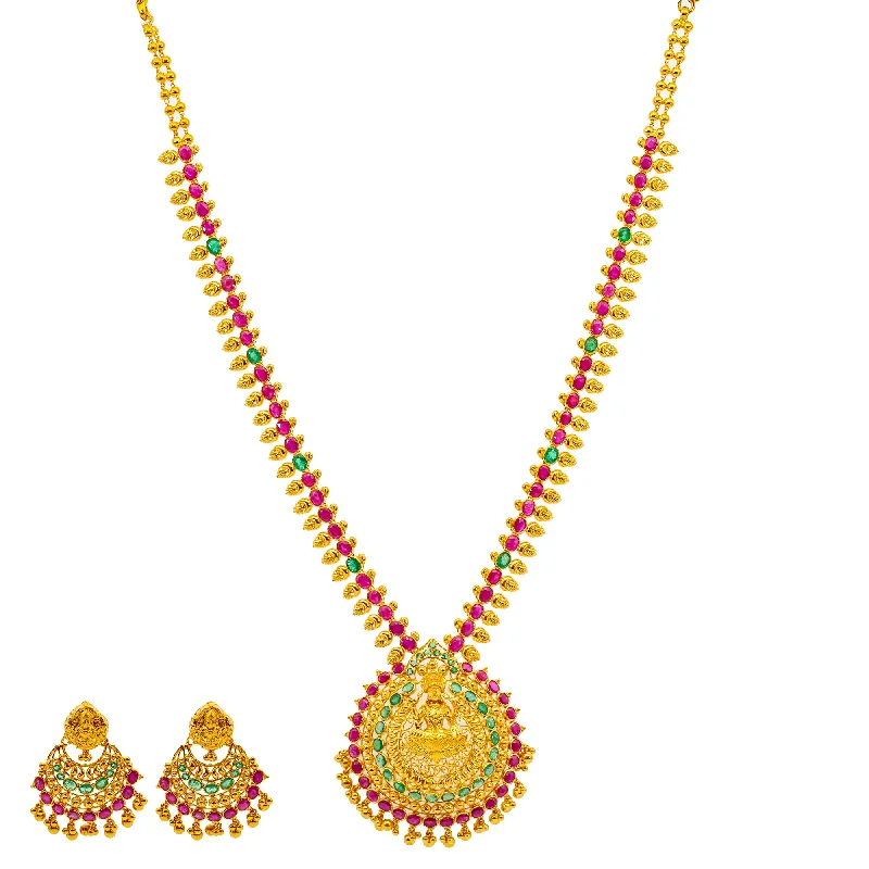 vintage-style filigree bracelet 22K Yellow Gold, Emerald, & Ruby Goddess Laxmi Jewelry Set (82.3 grams) vintage-style filigree bracelet 22K Yellow Gold, Emerald, & Ruby Goddess Laxmi Jewelry Set (82.3 grams)