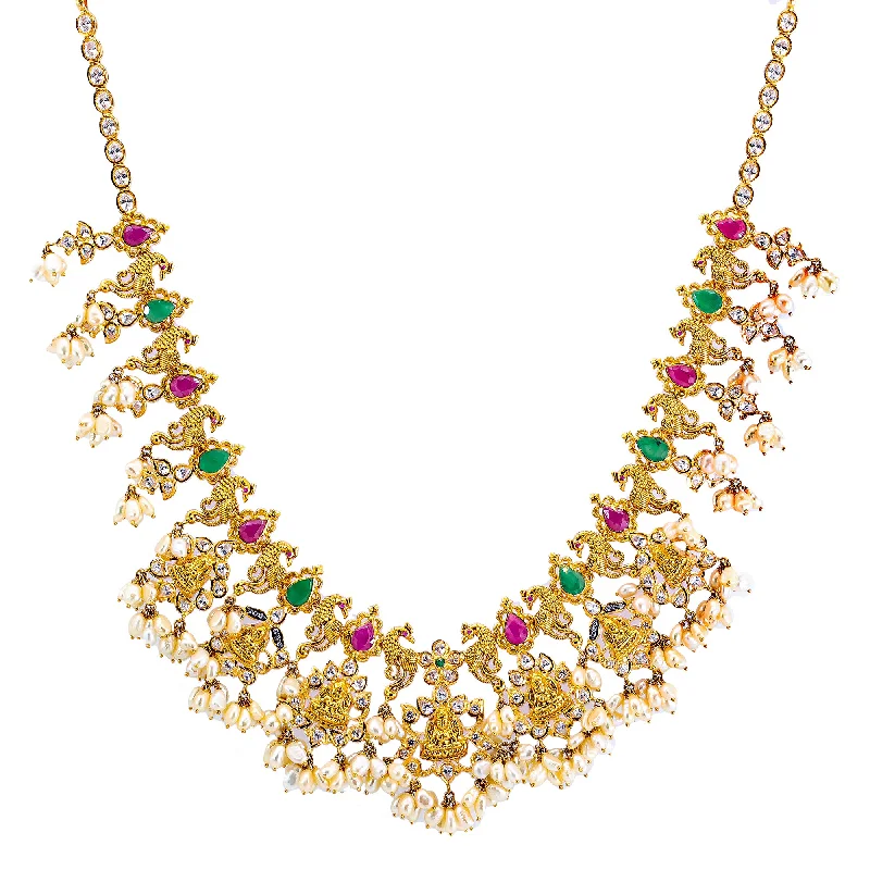 fine silver herringbone necklace 22K Yellow Gold Guttapusalu Necklace w/ Pearls & Gems (132.8 grams)