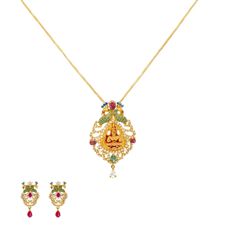 modern geometric earrings gold 22K Yellow Gold & Jewels Laxmi Pendant Set (25.6gm)