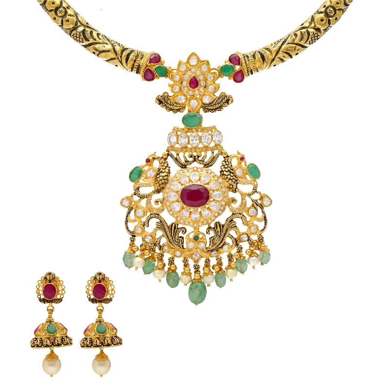 minimalist cubic zirconia earrings 22K Yellow Gold Kanthi Jewelry Set with Gemstones & Pearls (71.3 grams)
