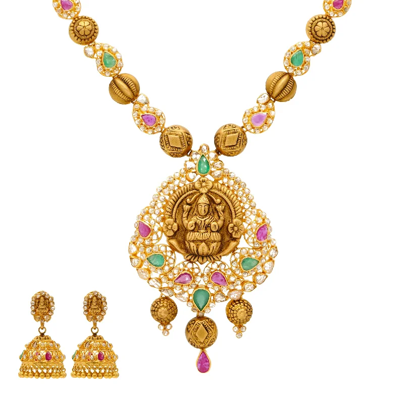 gold mesh bangle bracelet 22K Yellow Gold Laxmi Jewelry Set with Gems & Uncut Diamonds