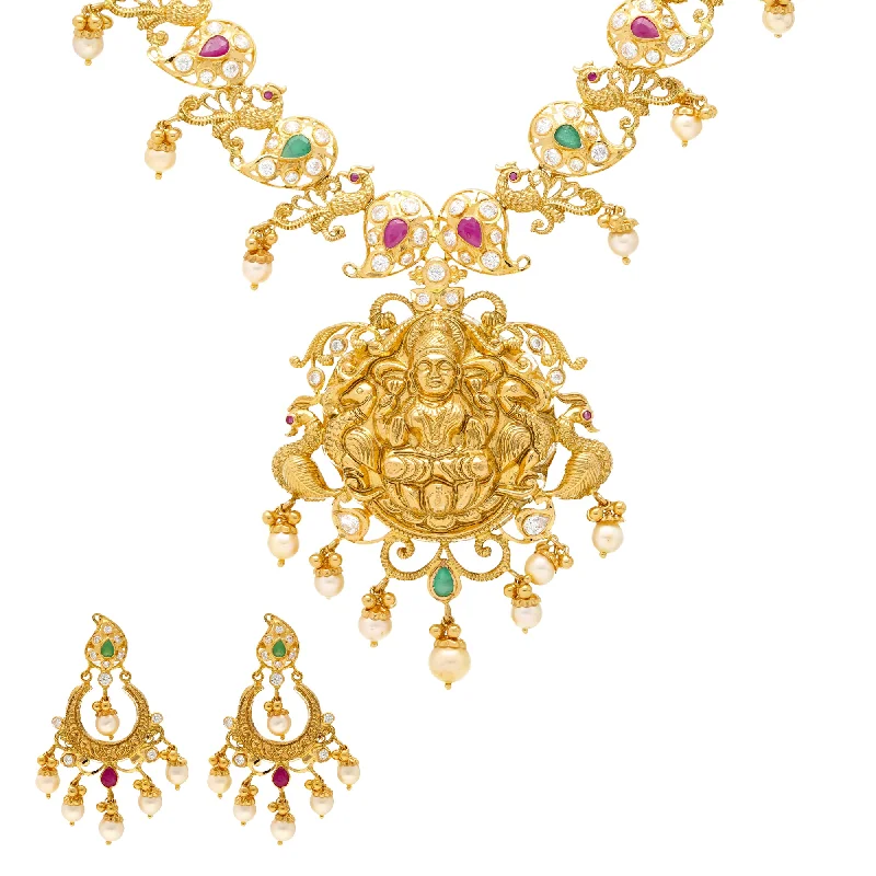 adjustable gemstone choker 22K Yellow Gold Temple Jewelry Set with Gems & Pearls (69.5 grams)