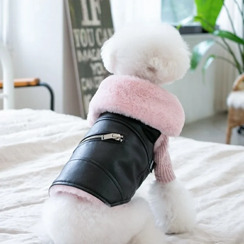 Faux Fur Dog Biker Jacket: Black