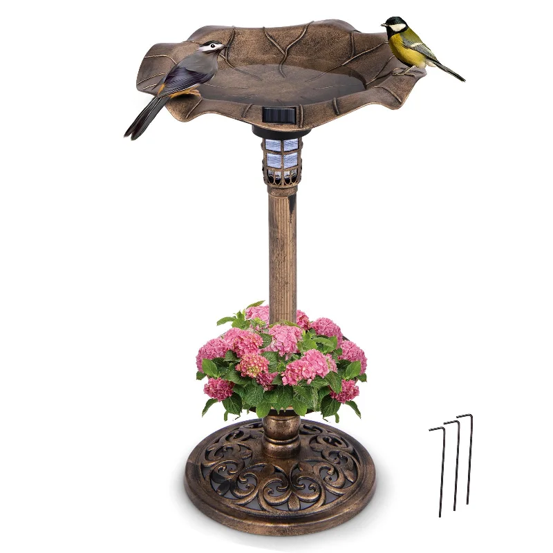 Giantex Bird Bath for Outside, 30 inch Solar Lighted Bird Bath and Feeder with Flower Planter