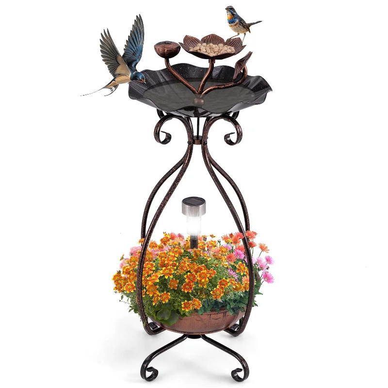 Giantex Bird Bath with Planter - Solar Lighted Bird Bath for Outside with Bird Feeder