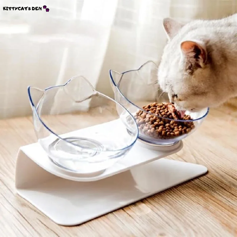 Non-slip Tilted Cat Single and Double Food/Water Bowls With Raised Stand