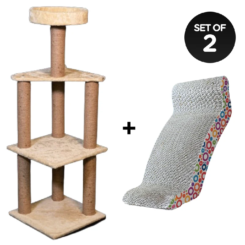 Skatrs Scratchy Wonderland Jumbo Multi Level Cat Tree with Sisal Posts Toy and Whisker Wonder Cat Scratcher with 2g Premium Catnip Combo