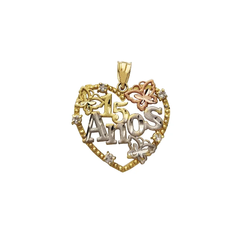 minimal gold ring stack 15 Años Butterfly Milgrain Heart Border Pendant (14K)