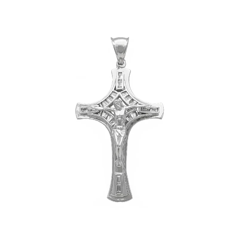 boho gold leaf ring Baguette Iced-Out Crucifix Pendant (14K)