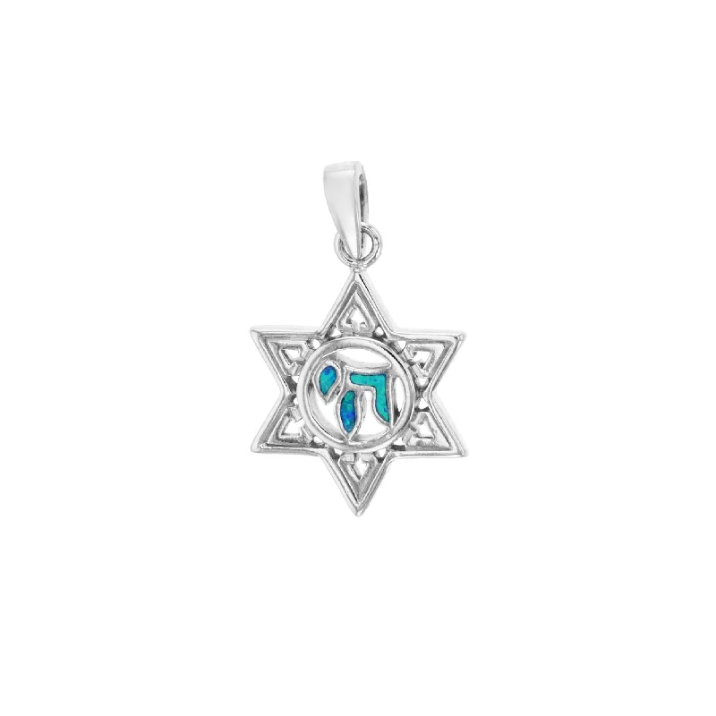 personalized hand-stamped bar ring Blue Opal Chai Star of David Pendant (SIlver)