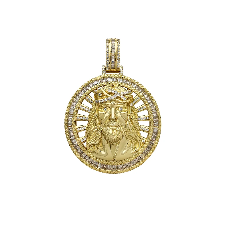 minimalist black diamond studs Channel Setting Halo Jesus Head Round Medallion Pendant (Silver)