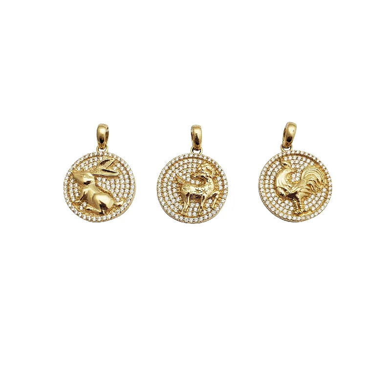 silver wave ring dainty Iced-Out Chinese Zodiac Medallion Pendant (14K)