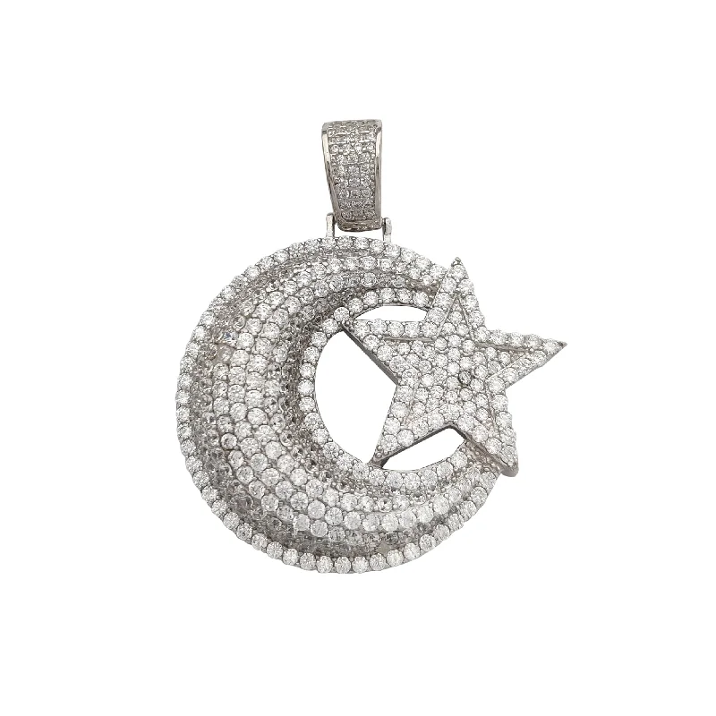 vintage emerald cocktail ring Iced-Out Crescent Moon & Star Pendant (Silver)