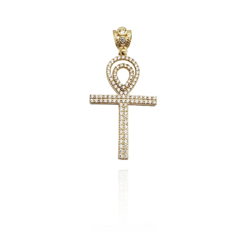 minimalist horseshoe necklace gold Iced-Out Double Loop Ankh CZ Pendant (14K)
