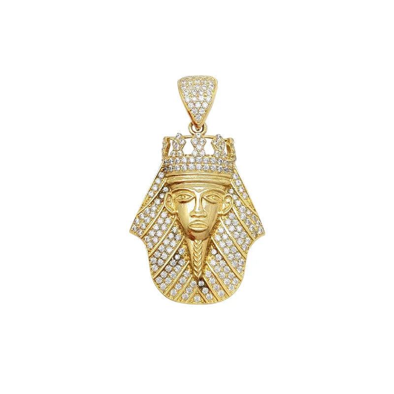 dainty gold chain earrings Iced-Out Crowned Pharaoh Pendant (14K)
