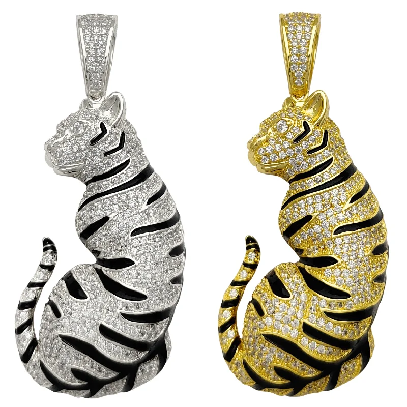 classic diamond hoop earrings Iced-Out Tiger Pendant (Silver)
