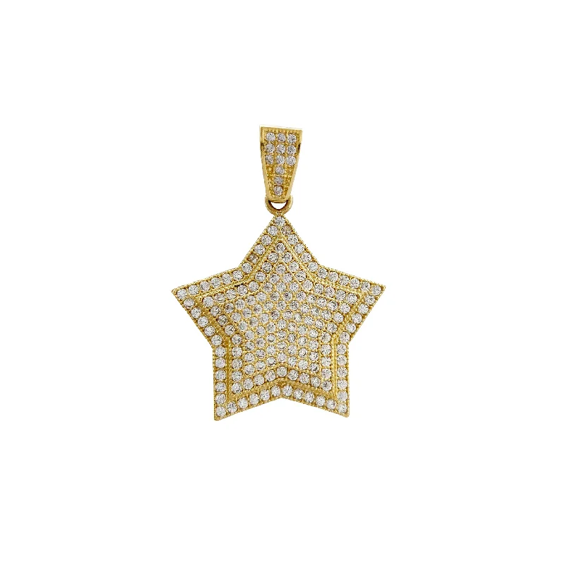 round cut diamond engagement ring Iced-Out Triple Star Pendant (14K)
