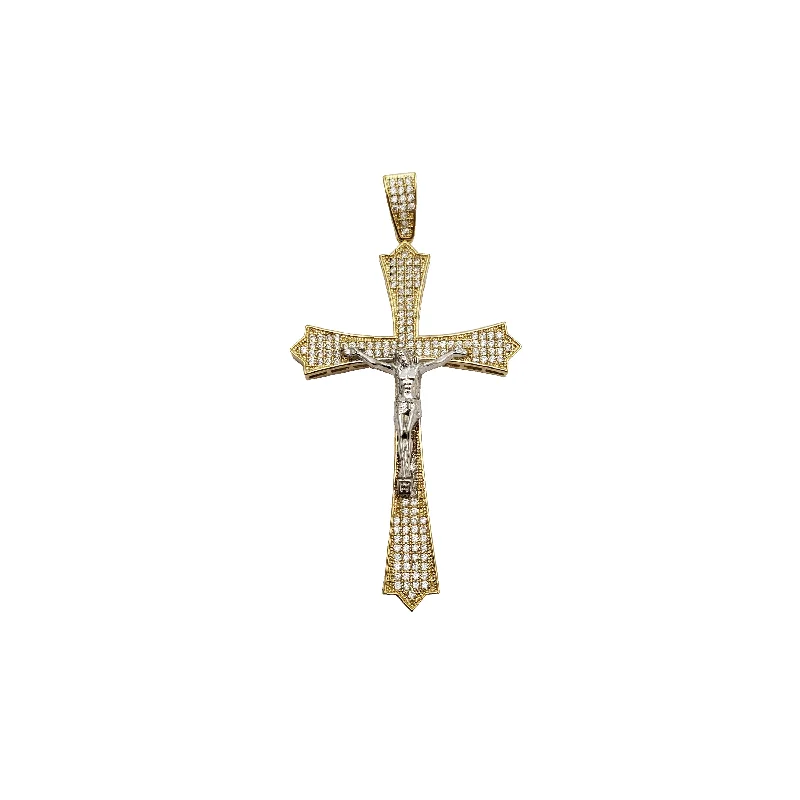 personalized gold bar necklace Iced-Out Two Tone Crucifix Pendant (14K)