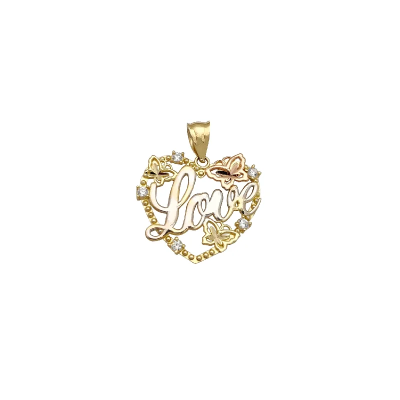 aquamarine birthstone necklace March Milgrain & Butterfly Framed "Love" Heart Pendant (14K)