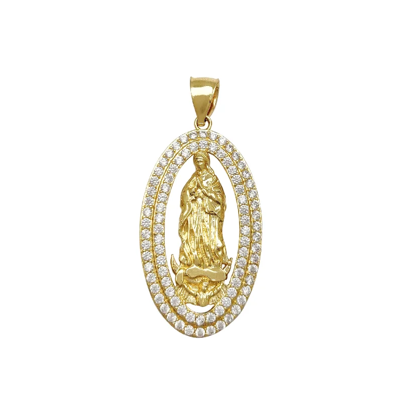 gold initial bracelet personalized Oval Halo Pave Virgin Mary Pendant (14K)