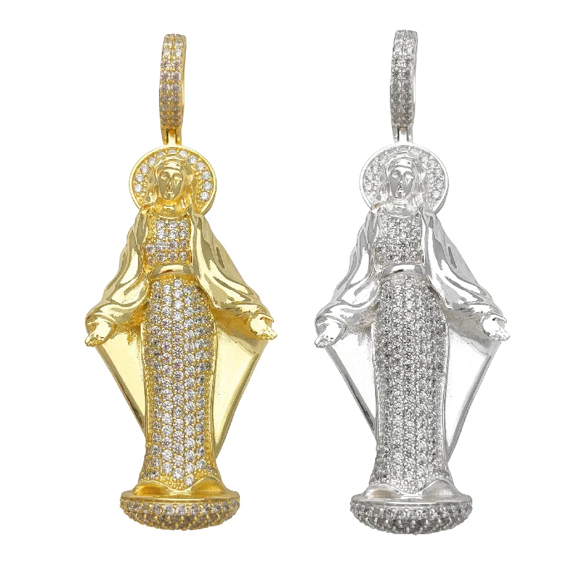 gold heart-shaped pendant necklace Pave Setting Virgin Mary Pendant (Silver)