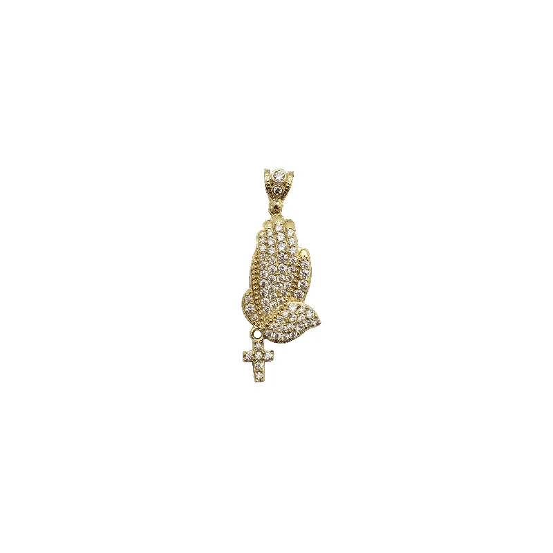 handcrafted gold stud earrings Iced-Out Praying Hands & Cross Pendant (10K)