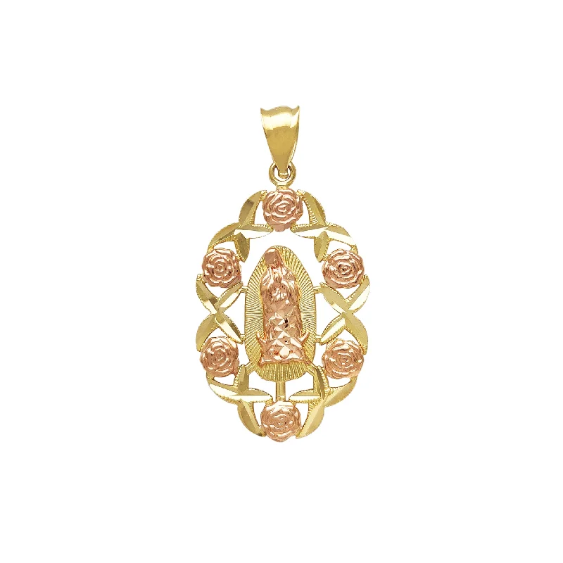 personalized zodiac birthstone necklace Roses & X Frame Virgin Mary Pendant (14K)