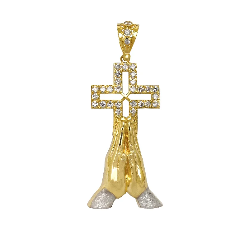 real diamond solitaire ring Two-Tone Praying Hands & Cross Pendant (14K)