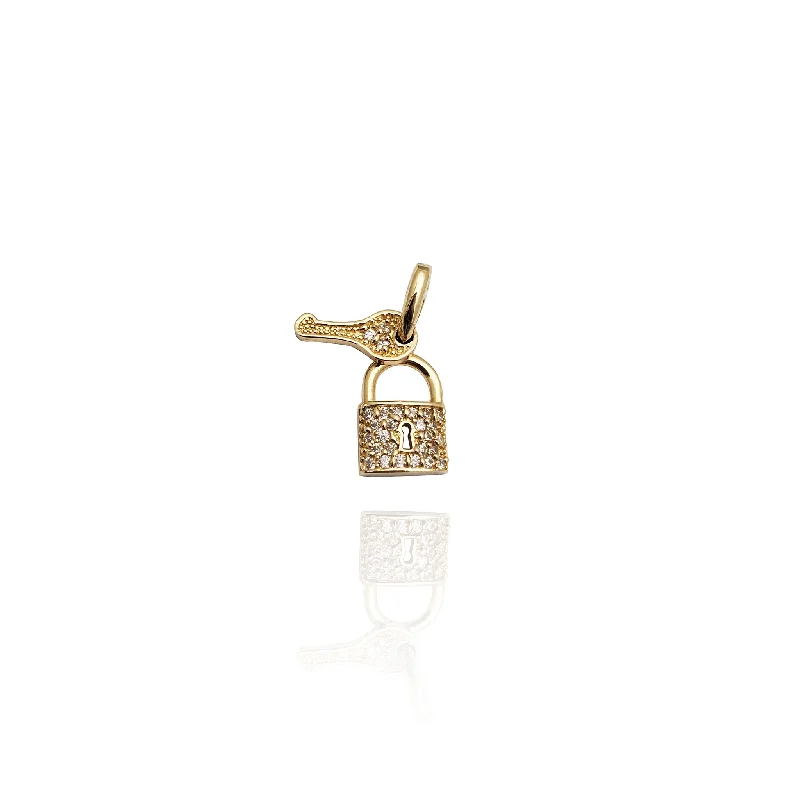 gold bar earrings minimalist Tiny Key and Lock CZ Pendant (14K)