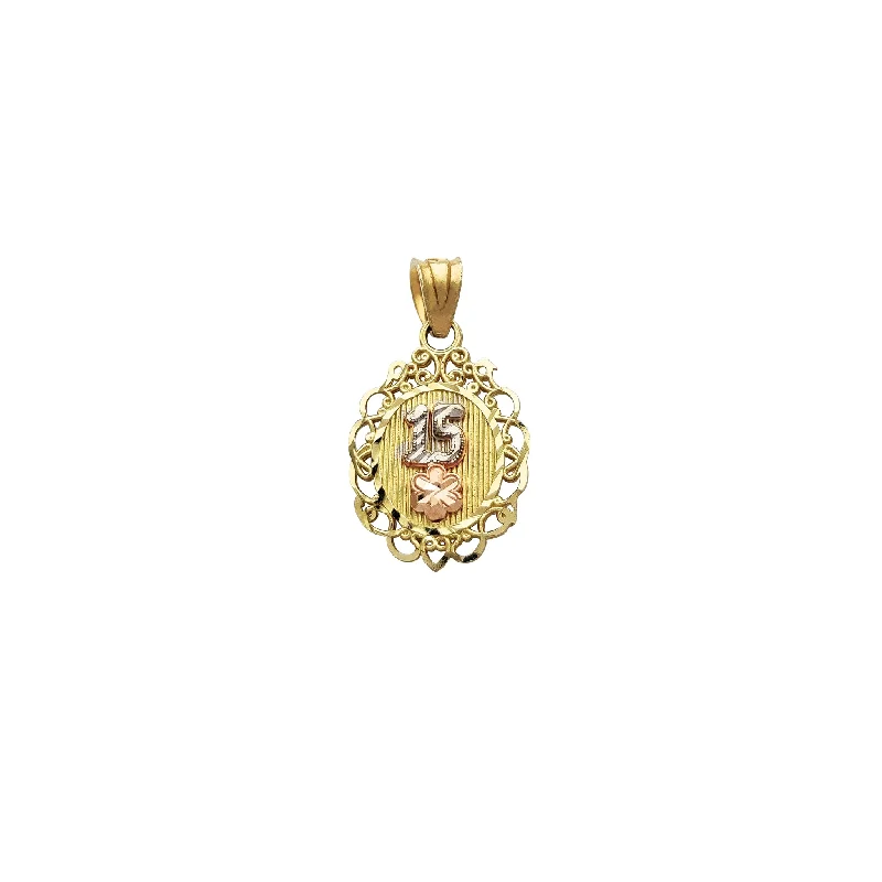 adjustable charm necklace Tri-Color 15 Quinceaños Filigree Oval Pendant (14K)