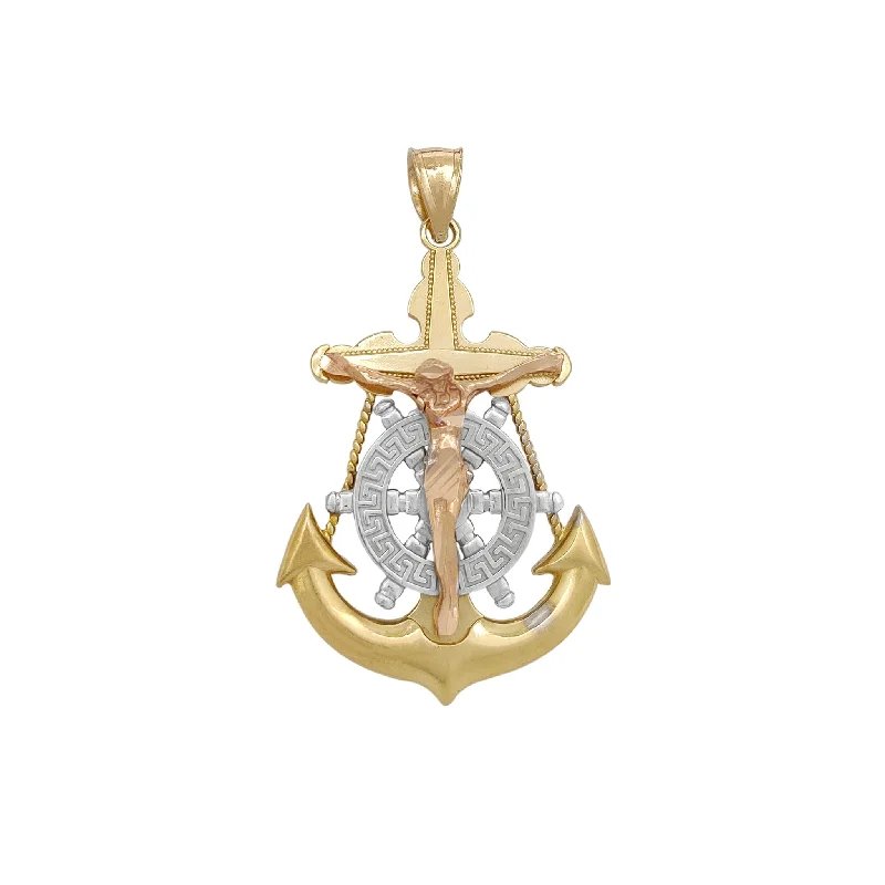 crystal-studded gold ring Tri-Color Greek Key Anchor Crucifix Pendant (14K)