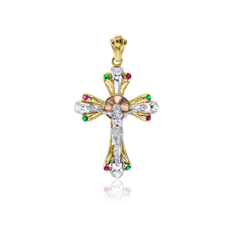 celestial galaxy planet necklace Tricolor Stone-set Jesus Cross Pendant (14K)