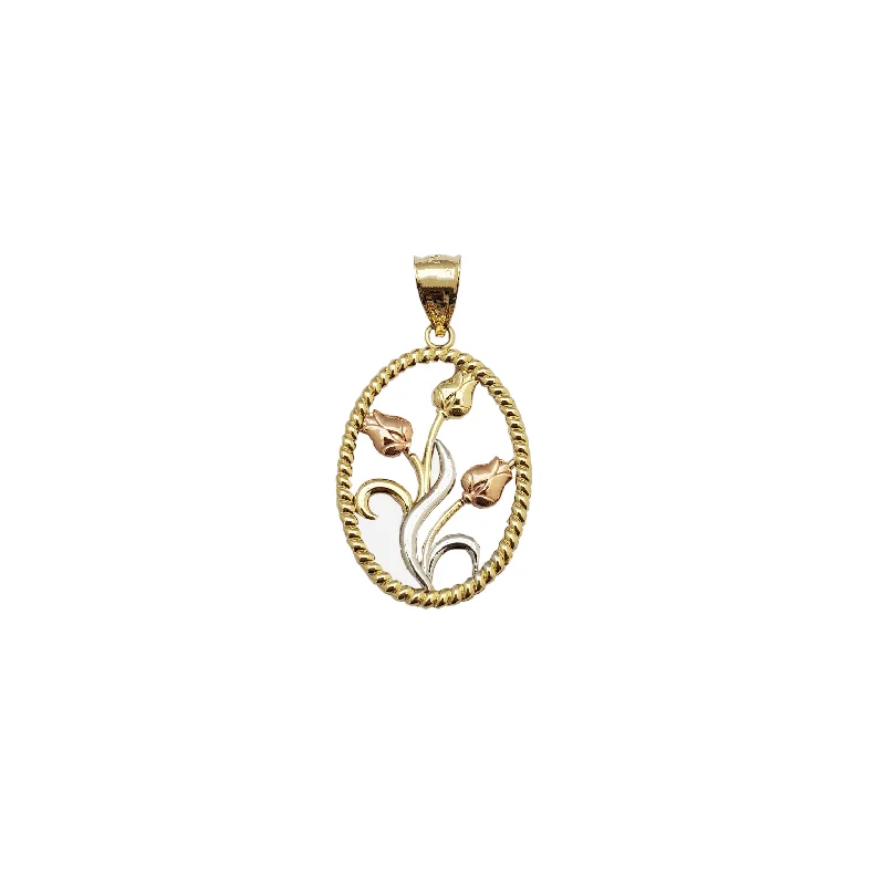 handcrafted sterling silver necklace Tricolor Triple Rose Oval Shape Frame (14K)