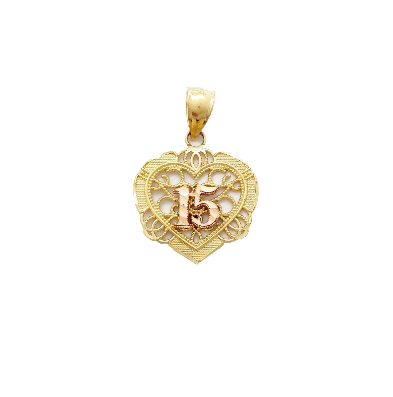 sleek black titanium ring Two-Tone "15" Quinceañera Heart Pendant (14K)