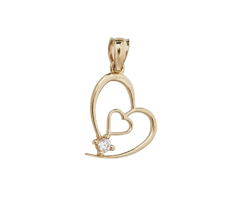 minimalist clover charm bracelet Yellow Gold Double Heart CZ Pendant (14K)